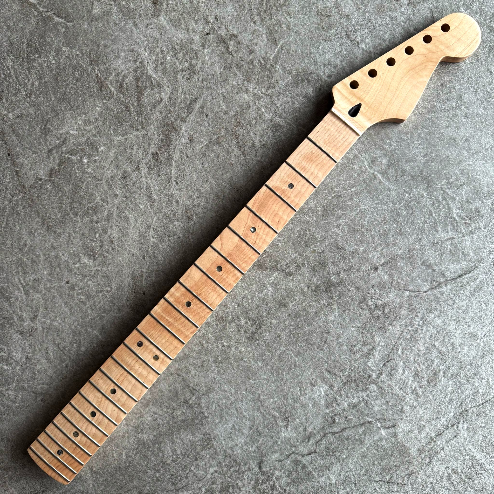 Strat Guitar Neck – 22 Fret Tiger Flame Maple, 12" Radius, Natural Satin