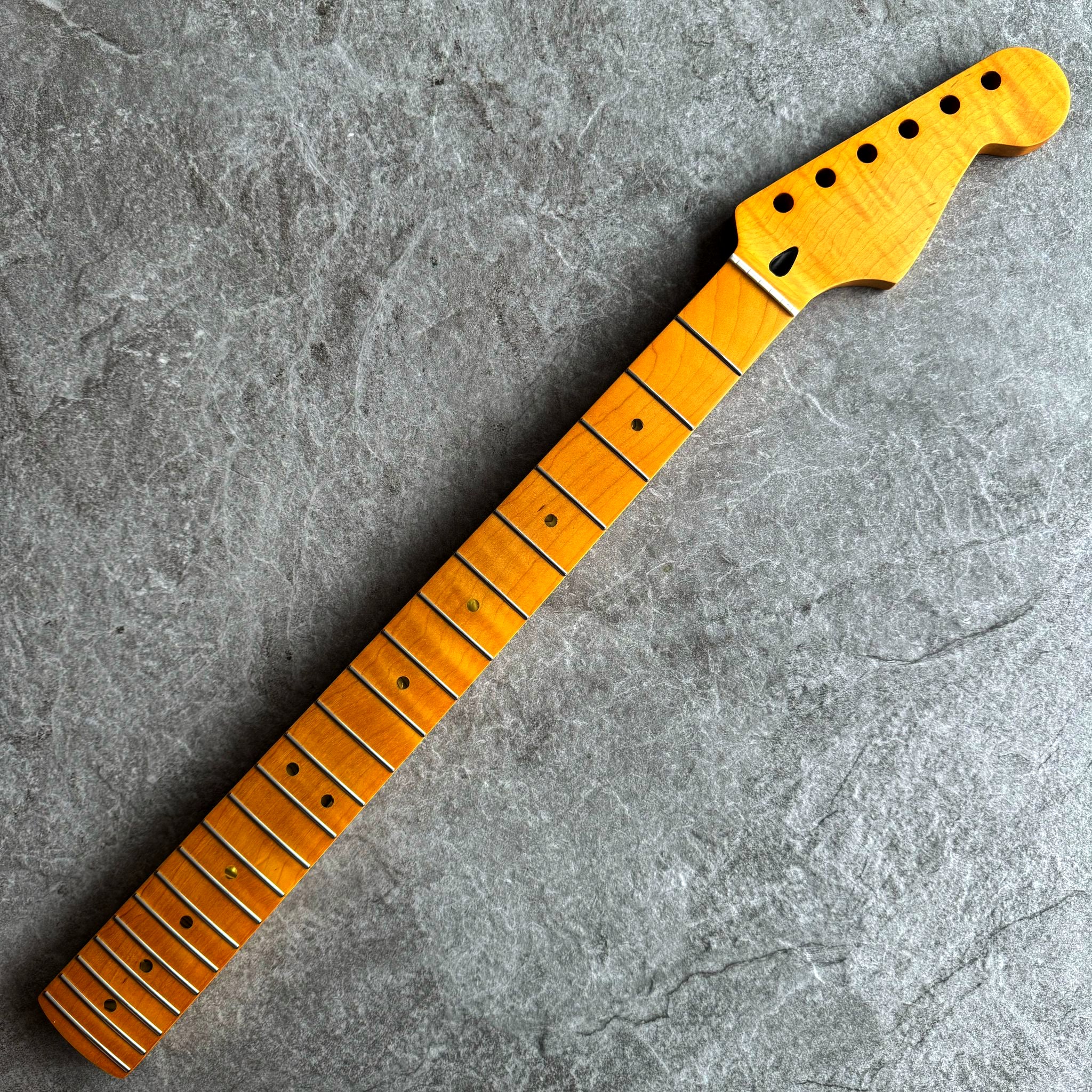 Strat Guitar Neck – 22 Fret Tiger Flame Maple, 12" Radius, Yellow Satin Finish