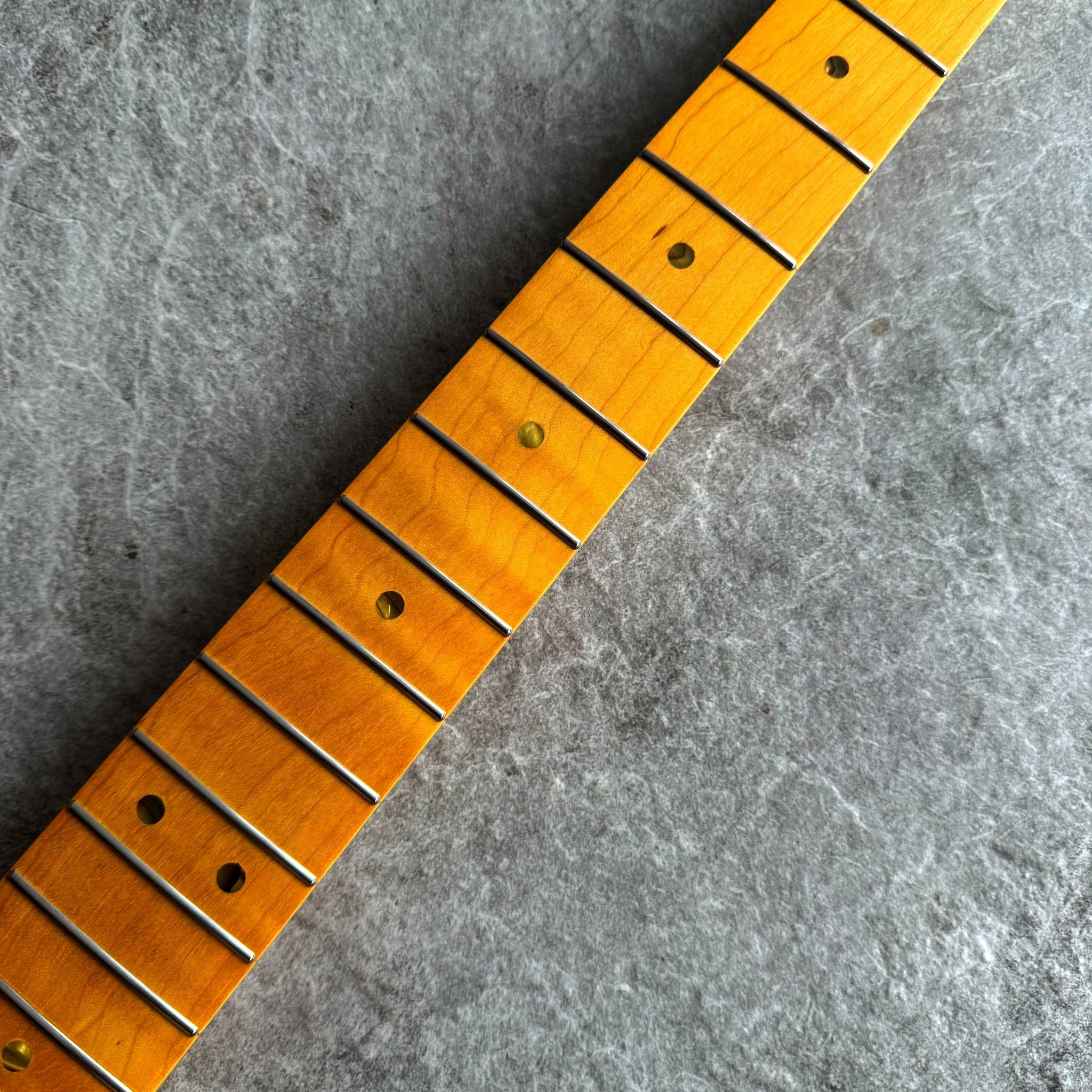 Strat Guitar Neck – 22 Fret Tiger Flame Maple, 12" Radius, Yellow Satin Finish