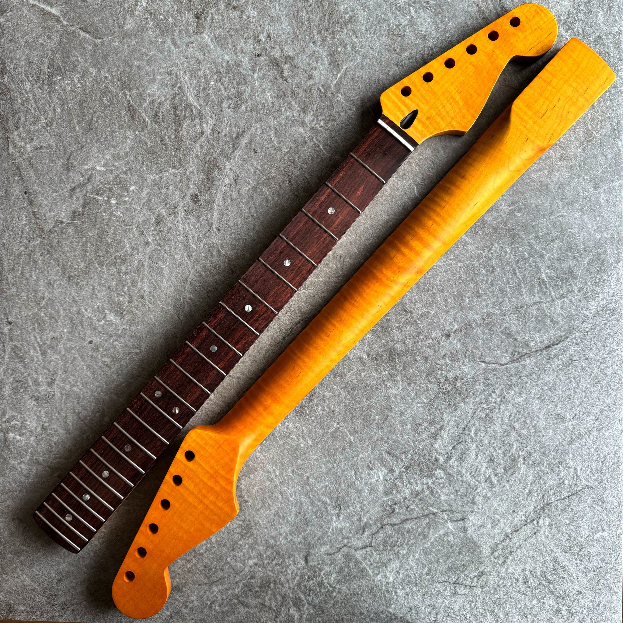 Strat Guitar Neck – 22 Fret Tiger Flame Rosewood 12" Radius, Yellow Satin Finish